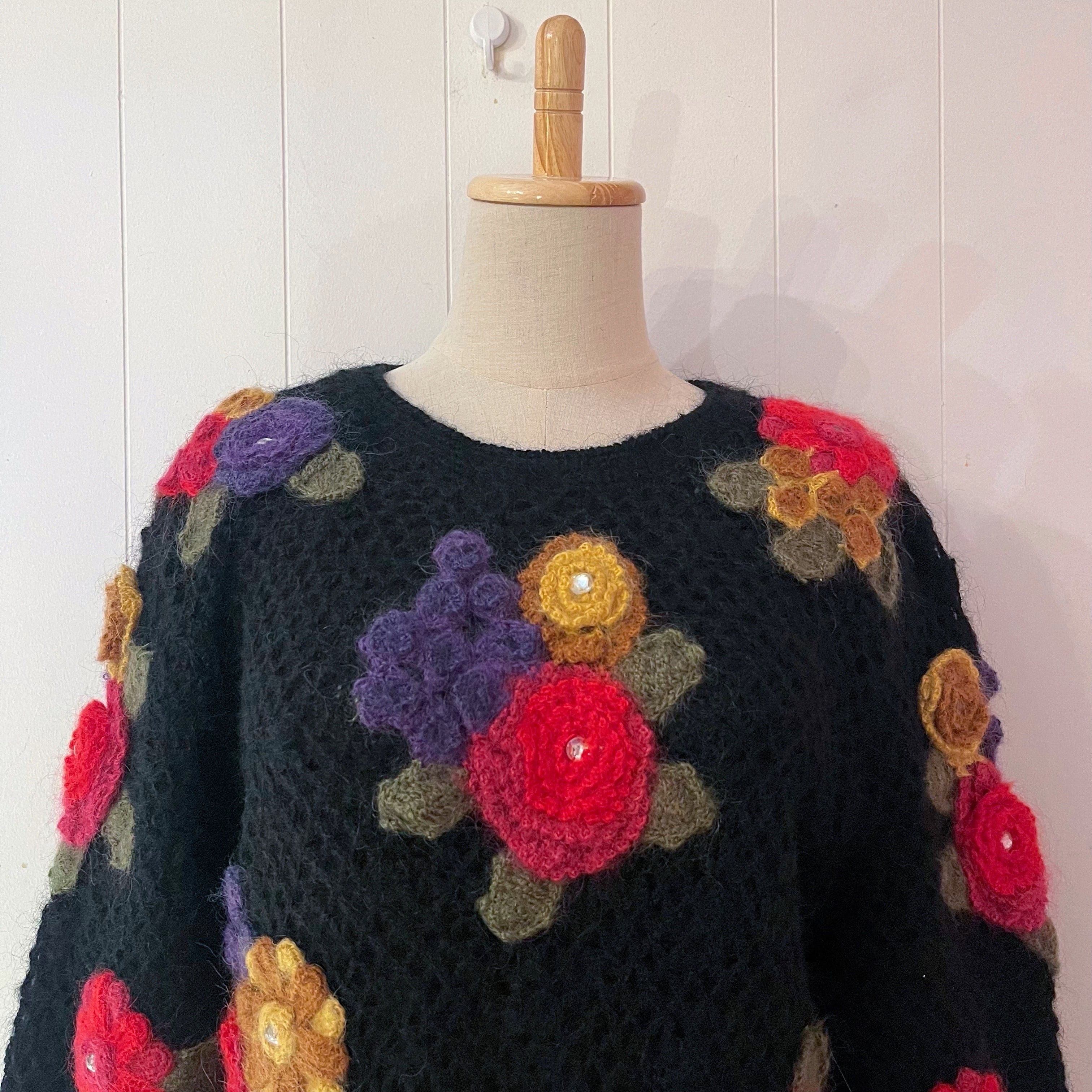 colorful flower stone mesh knit sweater