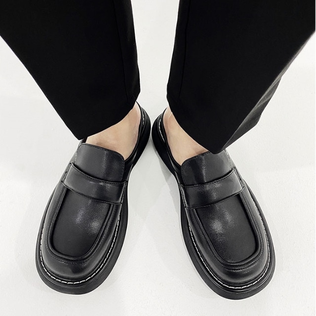 予約販売】スリッポン メンズ 厚底 ローファー シンプル 革靴 レザー 
