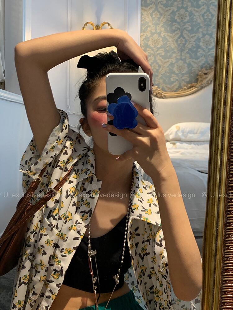 スタイルブラックフローラルシャツ サマー薄手ルーズスタンダード レトロ 夏物 花柄 ビッグFスモールZ韓国62657219060