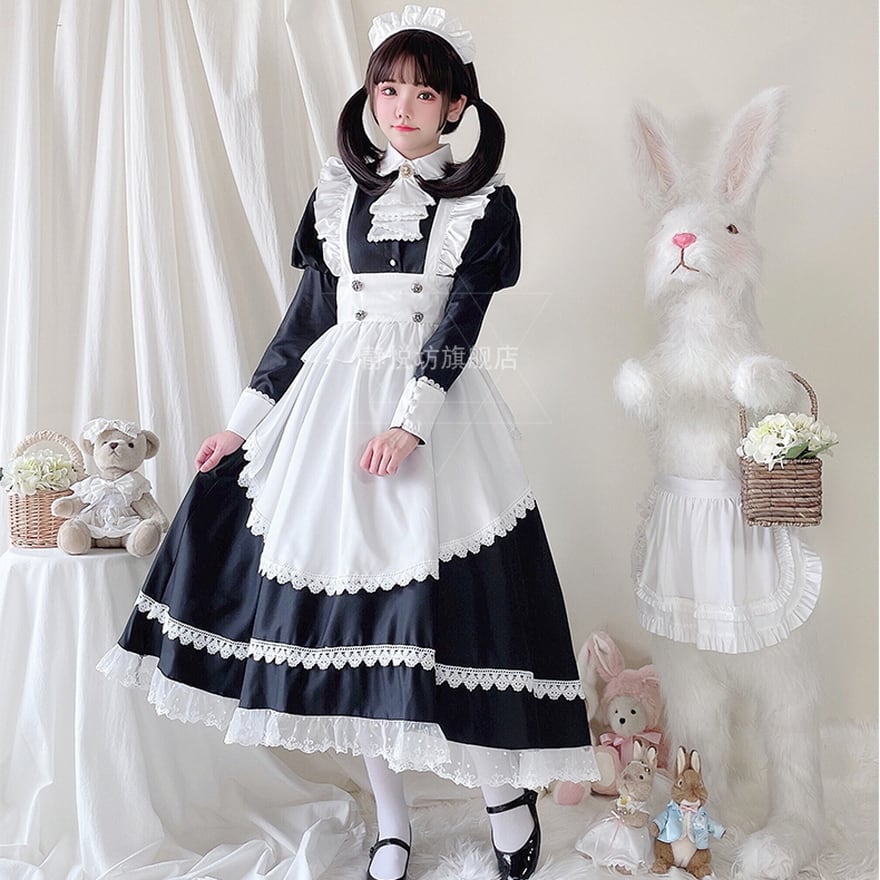 ゴスロリ　メイド服 静悦坊 メイド服 4点セット コスプレ ハロウィン 文化祭 学園祭 コン