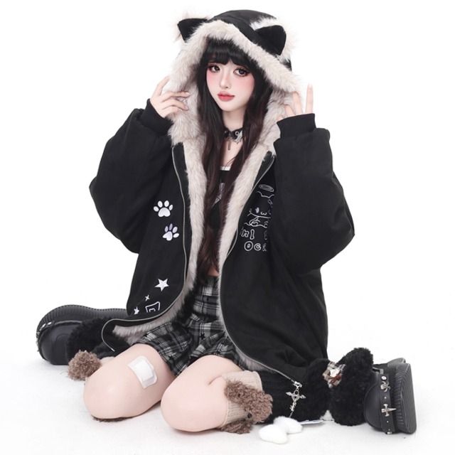 猫耳ファーエッジフーディキルティングジップアップブラックジャケット（lli_6383）