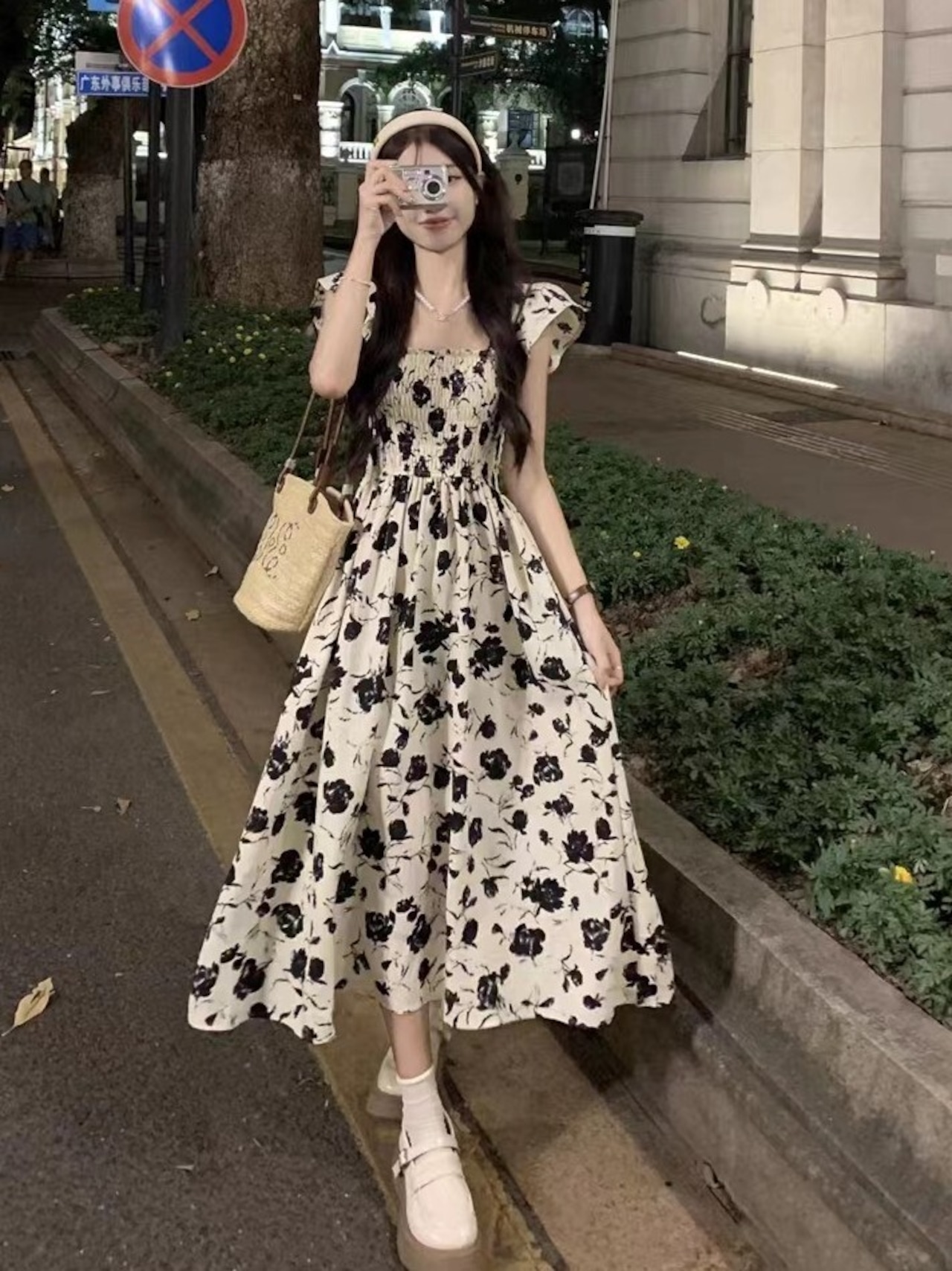 フラワープリントギャザーワンピ D1314