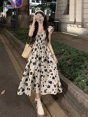 フラワープリントギャザーワンピ D1314