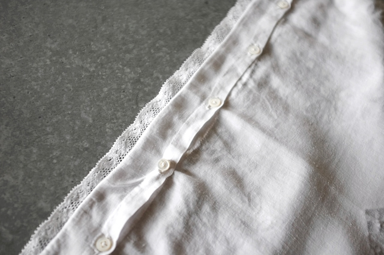 フランス 麻ローン 白星と白花の小宇宙とクッションカバー アンティーク