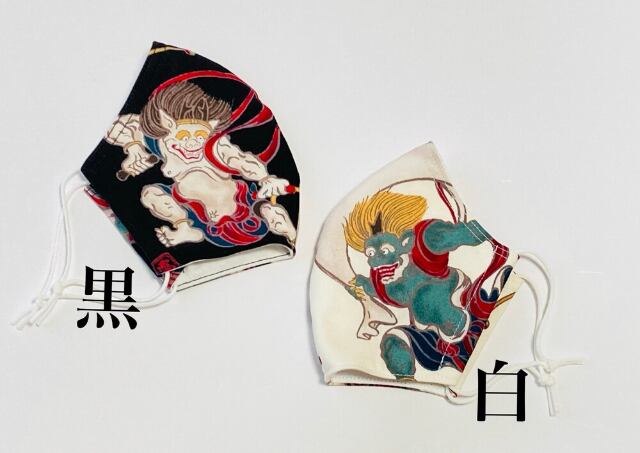呼吸がしやすい立体マスク 1枚売り 風神雷神(白/黒) | ハンドメイド  