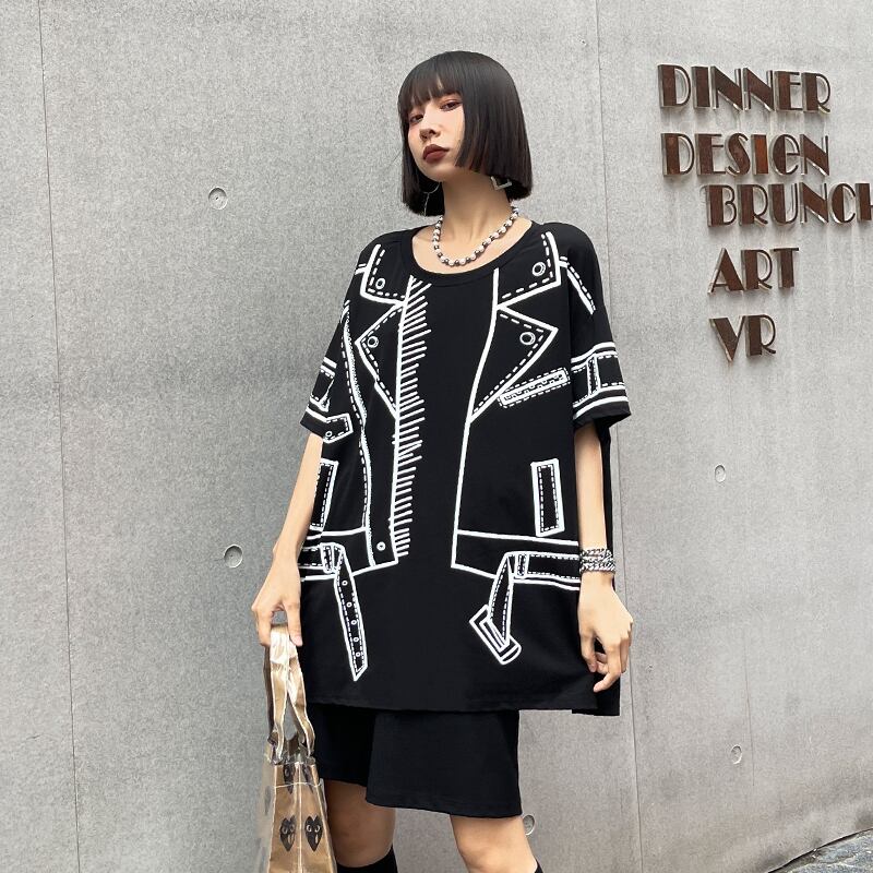 ブラックTシャツ シャツ サマールーズフィットブラウス 薄手プリント柄スタイル レッド かわいい 夏物 ラブタオタオダレンハウス81023744222