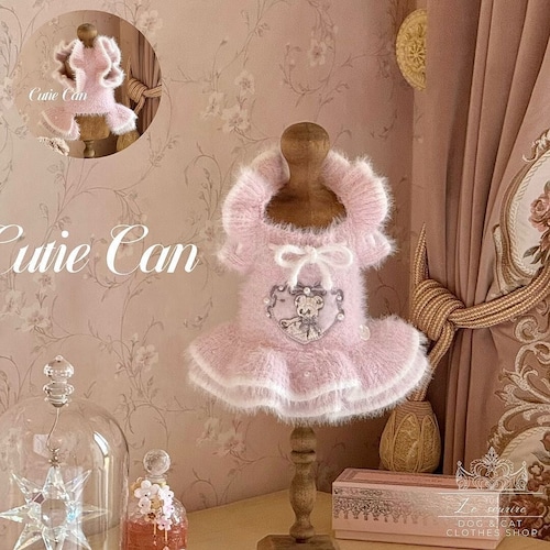 予約【№B06342】くまモチーフ ピンク バレエスタイル ニットワンピ