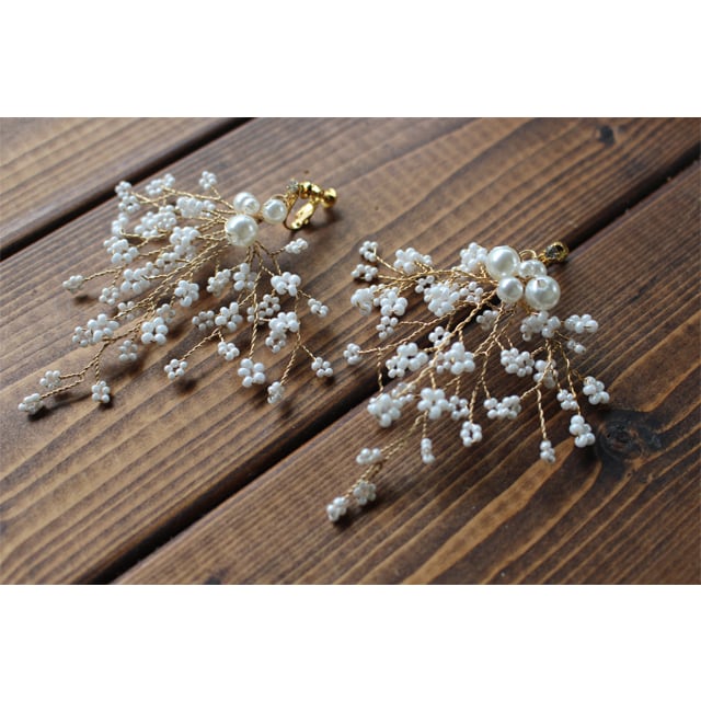 パールシャワーヘッドドレス＋イヤリングセット 小枝アクセサリー