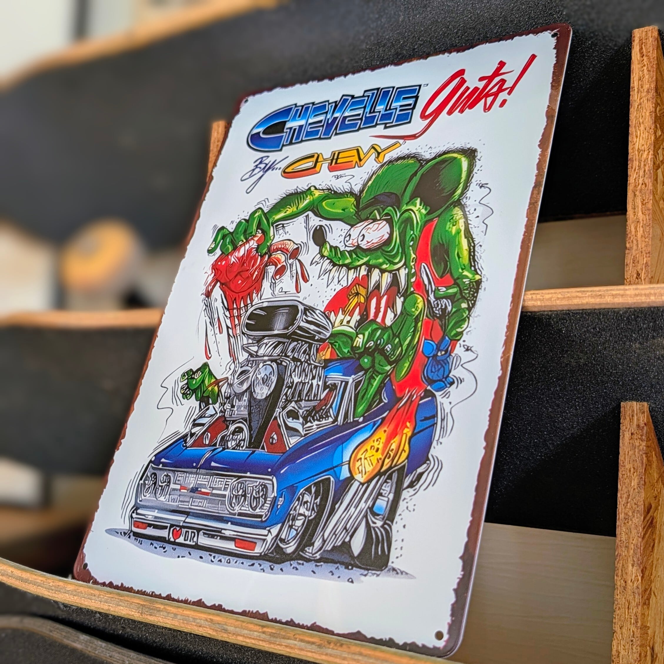 送料無料!ちょうどいいブリキ看板 【 RAT FINK ( ラットフィンク ) 】 『 CHEVELLE Guts! By... CHEVY 』METAL SIGN / メタルサイン / ブリキ看板 / サインボード / ビンテージ加工〚アメリカン雑貨 アメトイ〛
