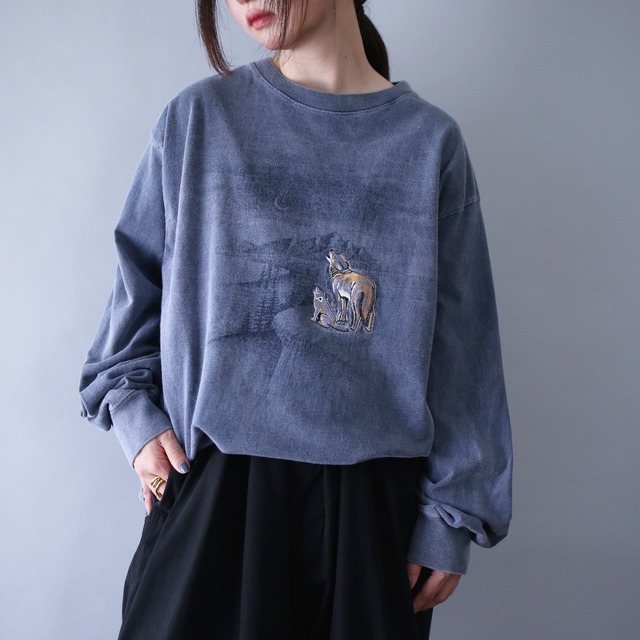 "刺繍×狼" good coloring over silhouette heavy weight l/s tee