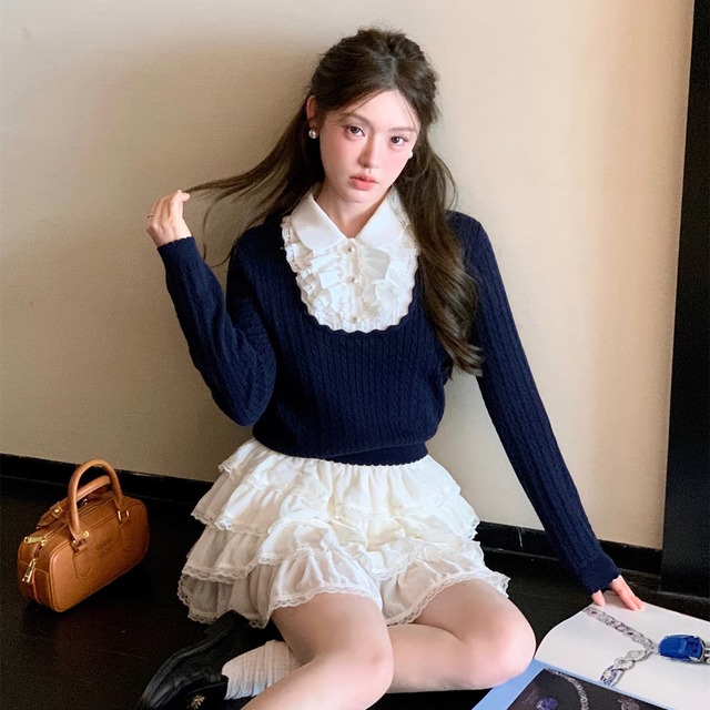 【tops】レースフリルドッキングニットトップス　N3362