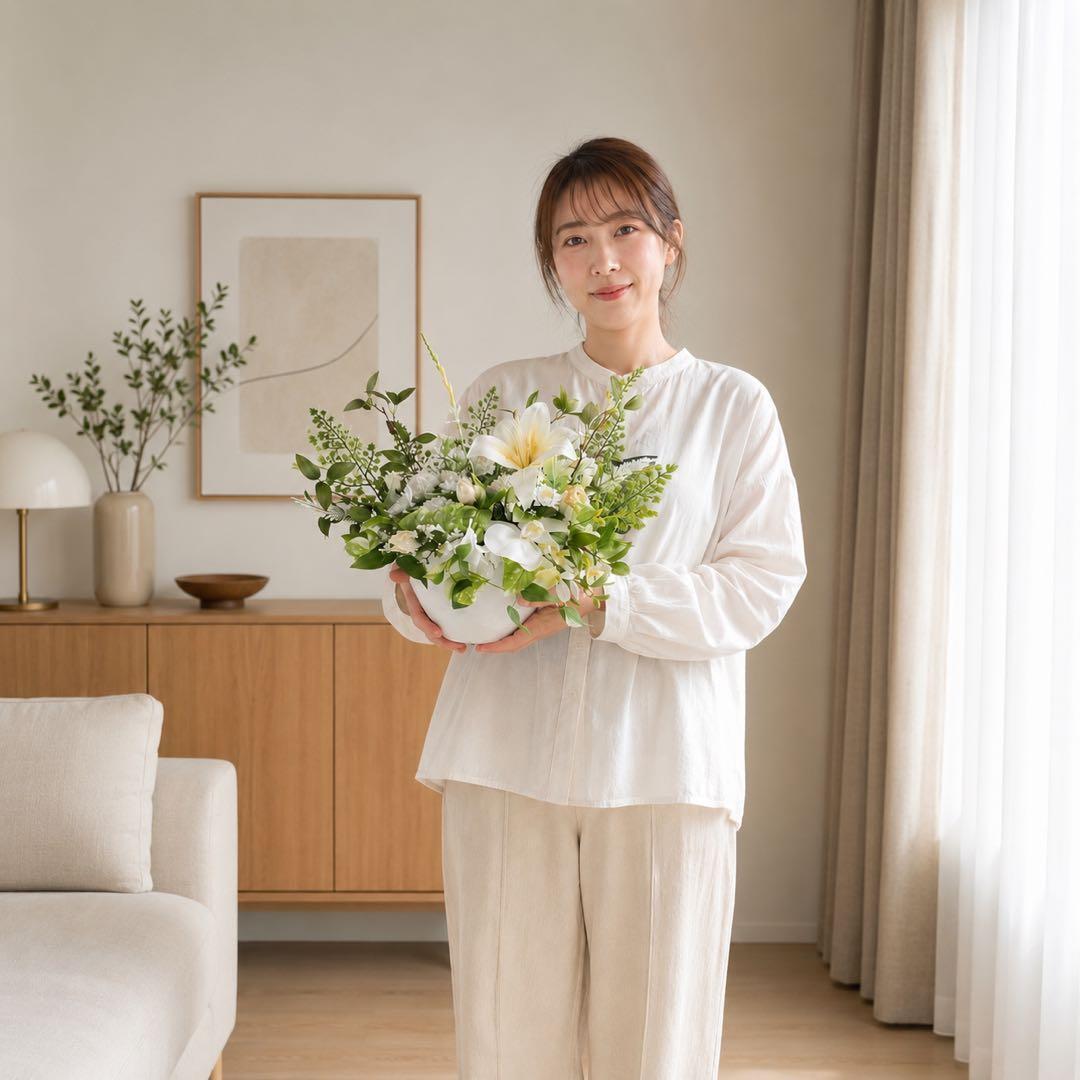 光触媒 お供え花 仏花 百合 枯れないお供えアレンジ 水替え不要 初盆