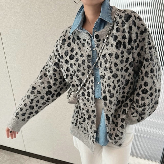 leopard print loose knit cardigan＜t1423＞
