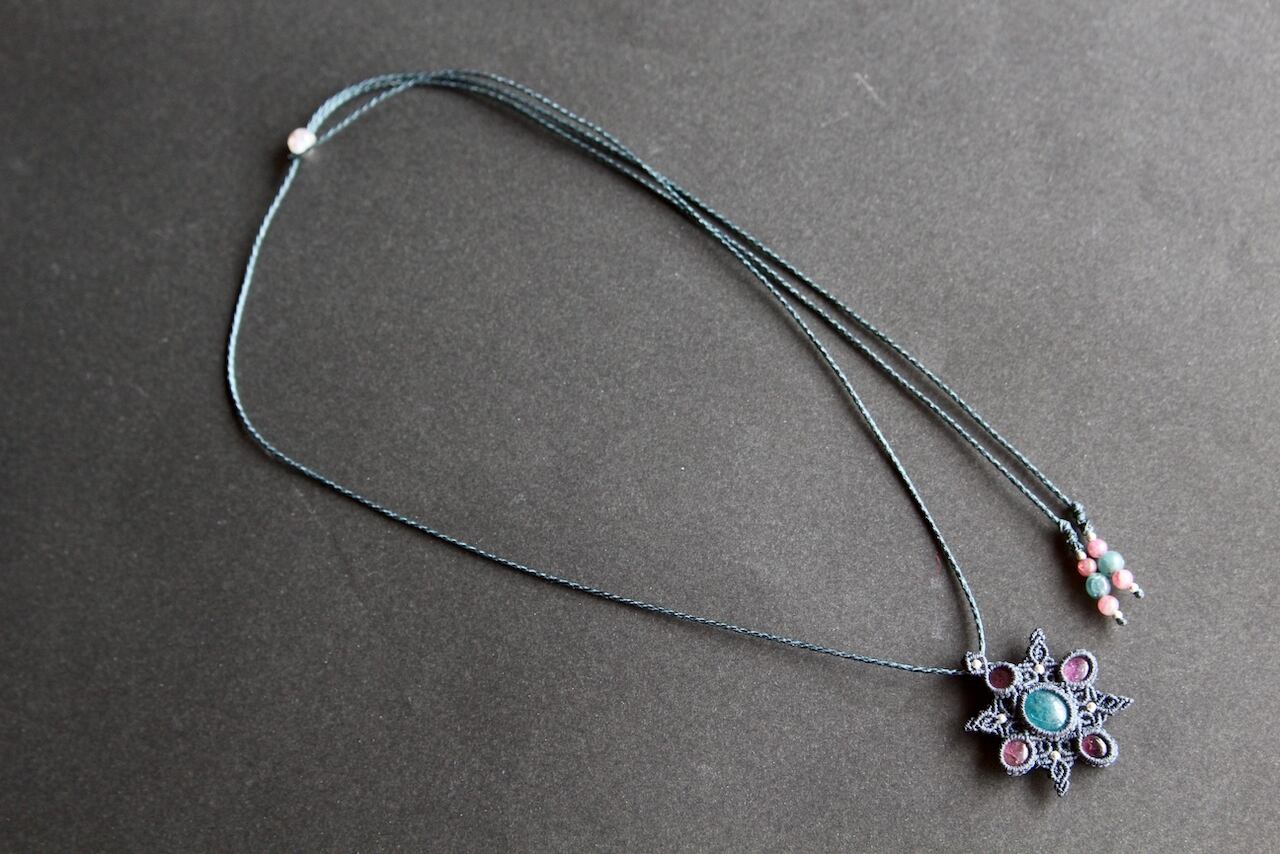 Blue Apatite & Pink Tourmaline micro macrame mandala pendant