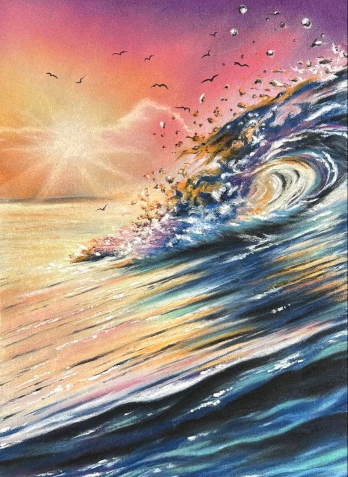 夕焼けの波景色 パステル画 原画 | Painting0806