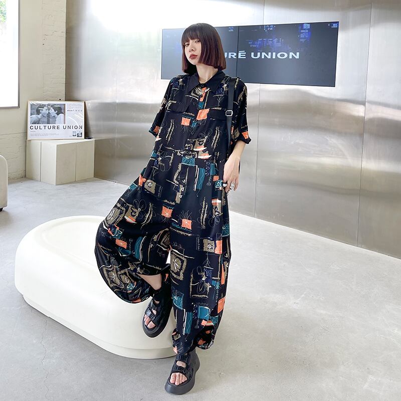 プリントジャンプスーツ オールインワン サマー薄手ルーズパンツ 夏物 ラブタオタオダレンハウス62937423179