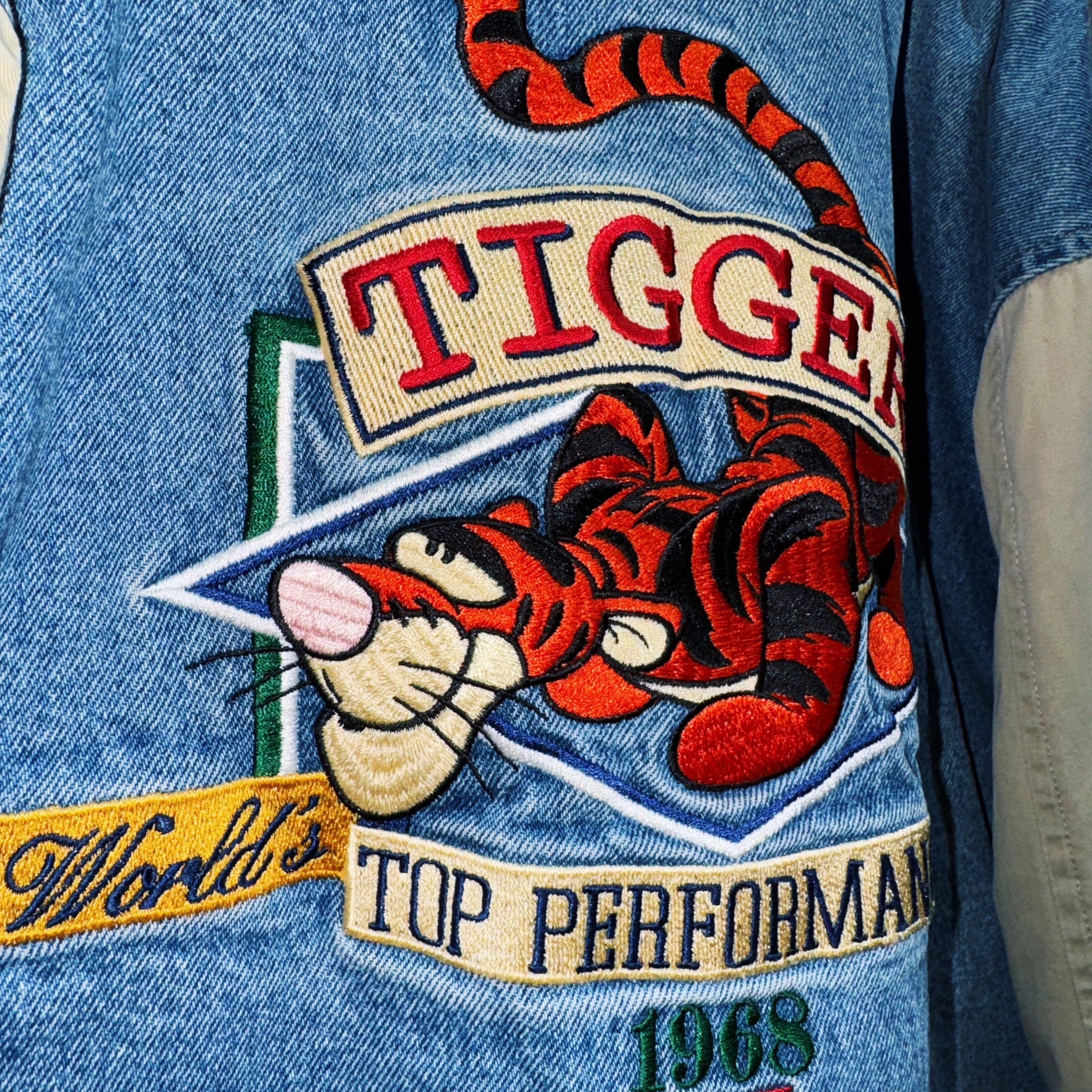 90's”Disney”TIGGER embroidery design denim varsity jacket | ayne