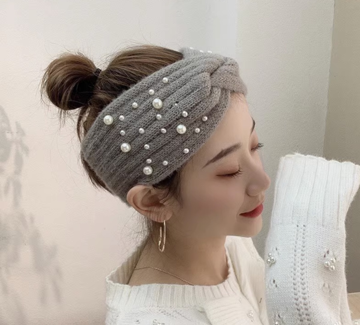 パールがアクセント☆ふわふわ ニット ヘアバンド】ヘアバンド