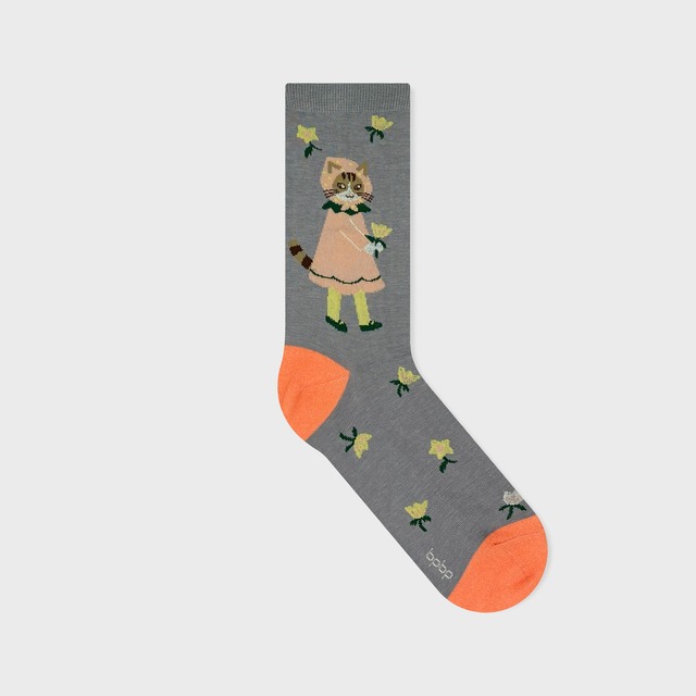 【Aiko Fukawa】布川愛子 SOCKS お花を運ぶ猫  グレー ソックス