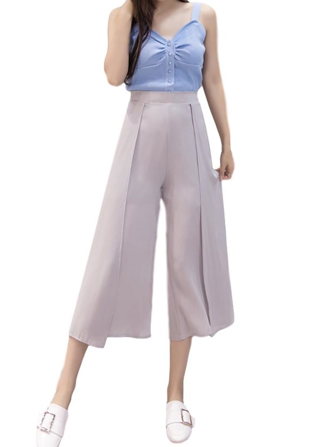 レディース スカーチョ ガウチョ 薄手 ワイドパンツ (グレー)