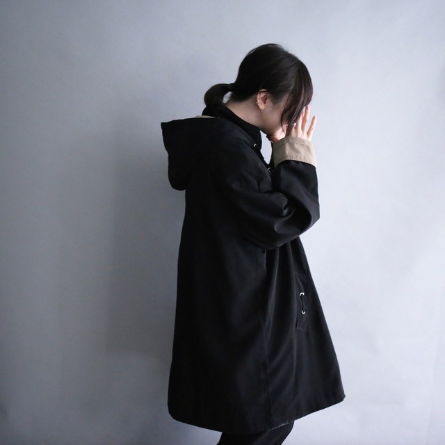 ”完品" bi-color switching design over size jacket coat with liner & hood
