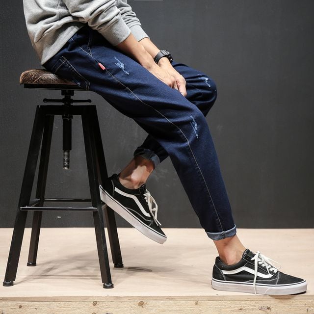 【予約販売】デニム ダメージ加工 メンズ ロールアップ ブルー ブラック ウエストゴム カジュアル こなれ感 お洒落 韓国 トレンド 春 夏 秋 M/L/XL/2XL/3XL4XL/5XL