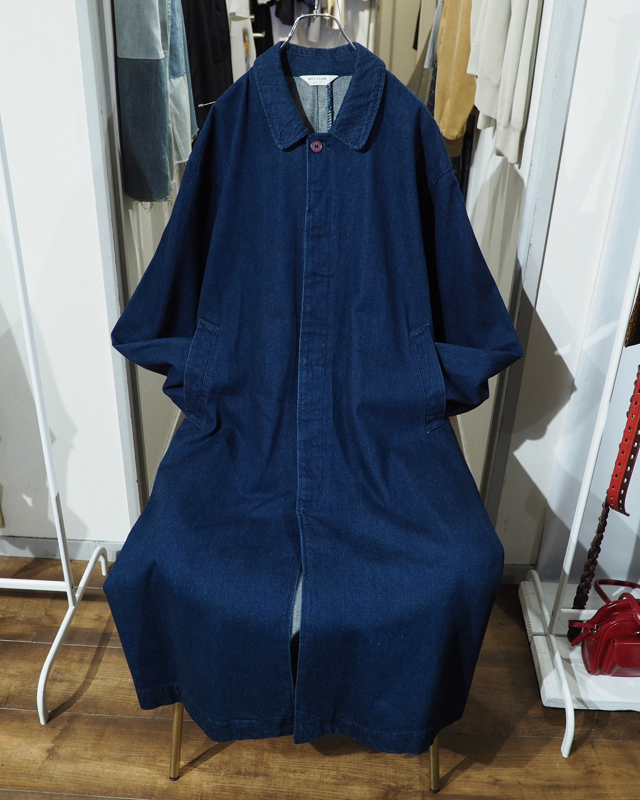 1980 - 90s ” 群青 ” Beautiful Indigo Blue Color Vintage Long Denim Coat