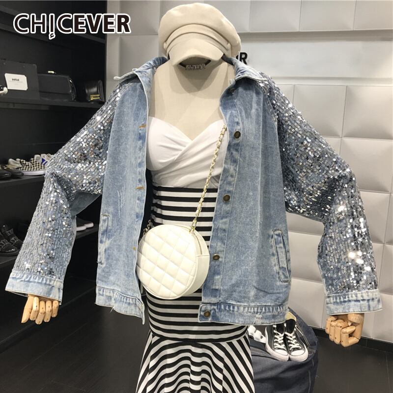 CHICEVERブルーデニムジャケットレディースラペルカラー長袖Patcheorkスパンコール特大ルーズホールコート2021 ロング 6base516786771411