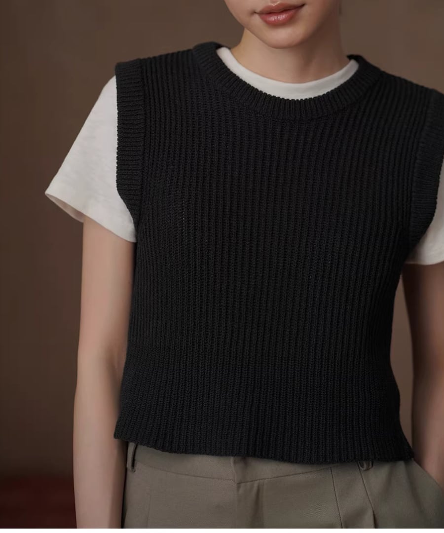 リネン混紡◆クルーネックベスト【t-10752】