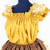 フラダンス 衣装 ツーピース セットアップ 上下セット イエロー系 アロハスタンダード ホヌ柄 黄 茶 フリル ALOHA STANDARDS 日本製 トップス ブラウス ハワイアン アロハ かわいい ハワイアンプリント ブラウン系