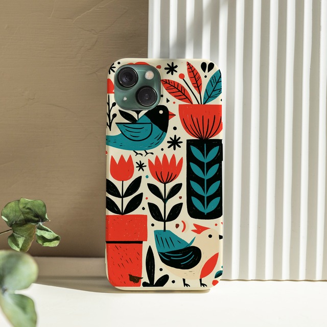 受注生産 iPhoneケース 鳥と花の白背景フォーク柄｜鳥モチーフ FMSY102A