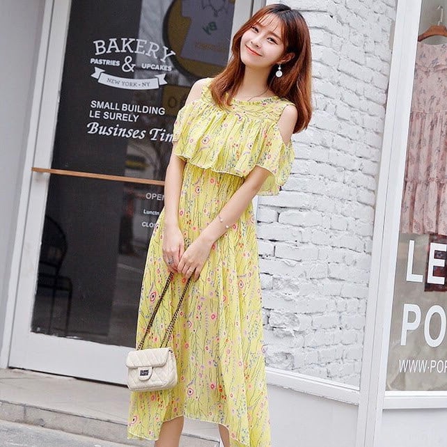 オープンショルダー花柄シフォンマキシワンピース 全3色 L0006 | LILIANA