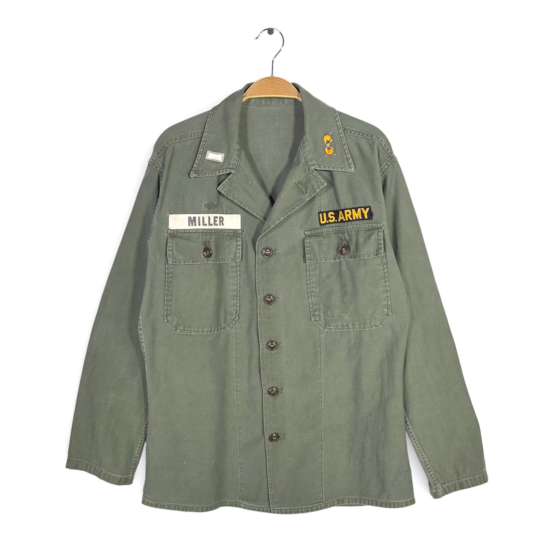 50s U.S.ARMY ヴィンテージ OG-107 ユーティリティーシャツ 初期 筒袖 ワッペン サイズL相当 古着 CA1519