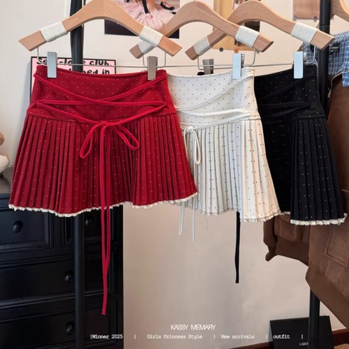 3色／レースアップドットプリーツスカート ・74804