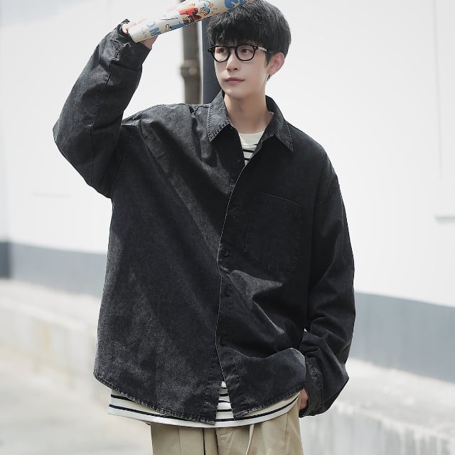 【予約販売】シャツジャケット 長袖 アウター ショート丈 メンズ グレー 無地 お洒落 こなれ感 韓国 ベーシック 秋 冬 大きいサイズ M/L/XL/2XL/3XL/4XL/5XL