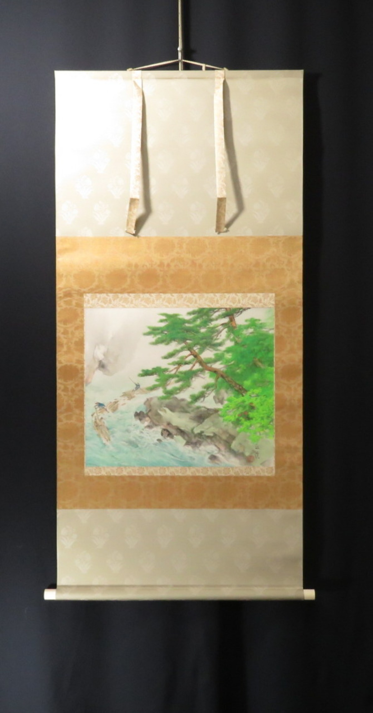 掛軸 川島梅関(梅渓落款) 保津捷筏 尺八横 物故作家掛軸 JY1132 