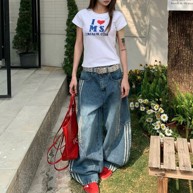 ストライプカットラインワイドデニムパンツ   R00666