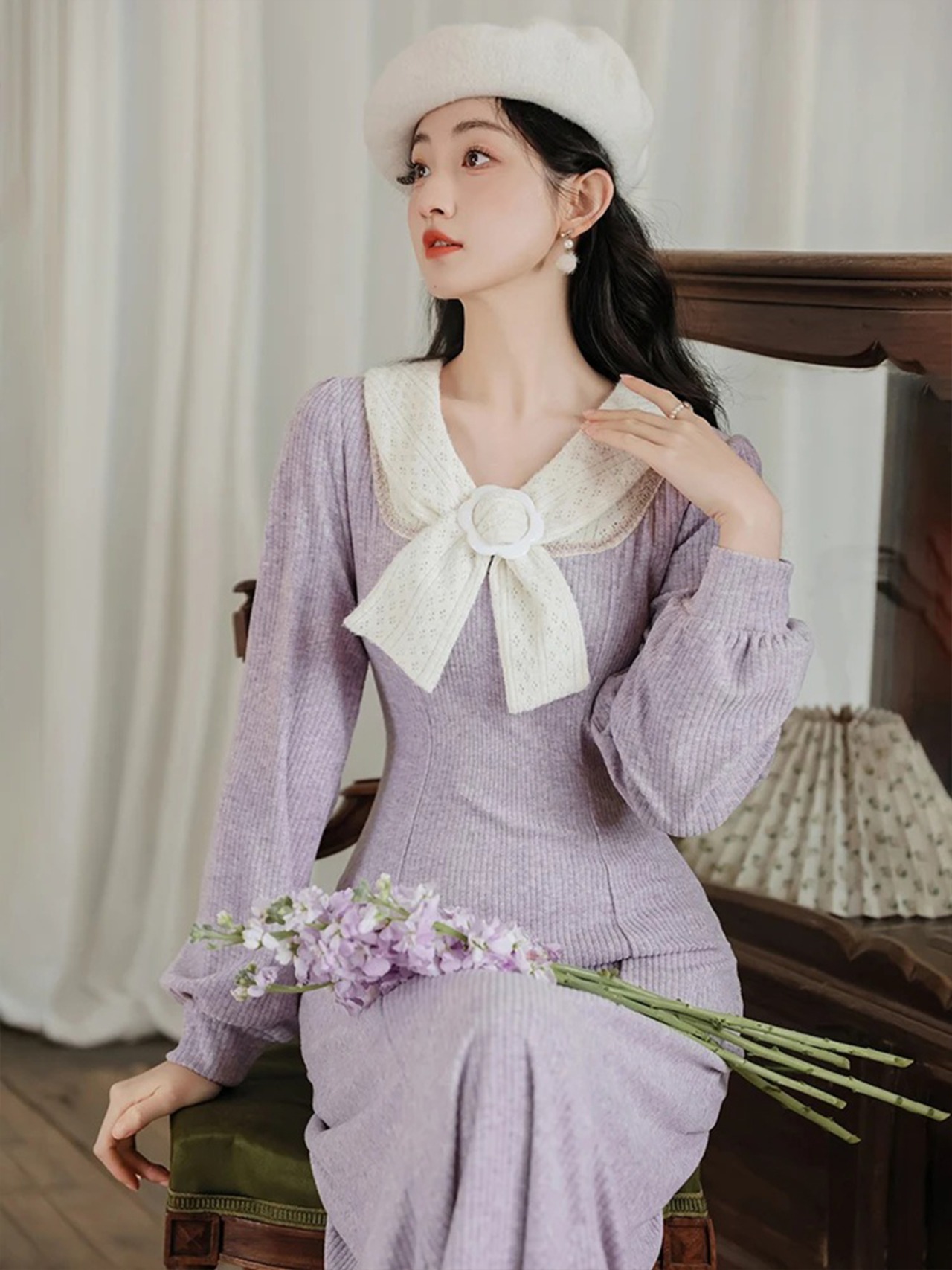 【0149】Ribbon Collar Knit Mermaid Long Sleeve Dress