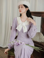 【0149】Ribbon Collar Knit Mermaid Long Sleeve Dress