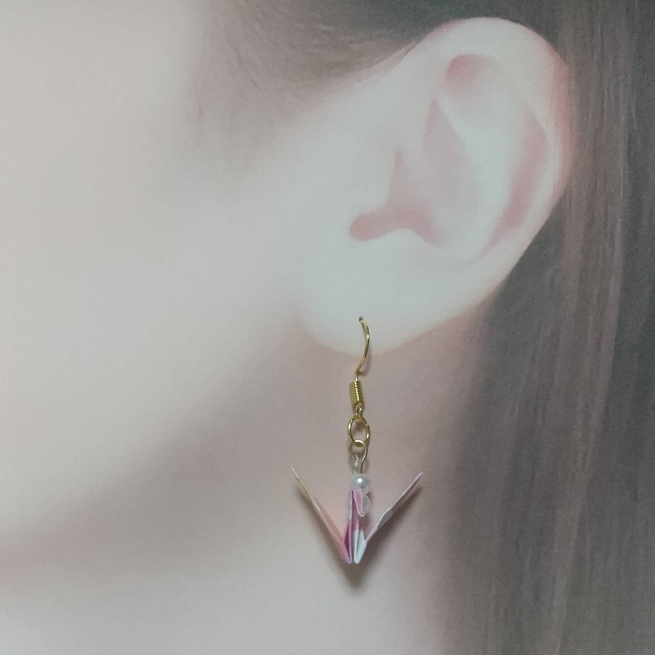 鶴の折り紙ピアス♡pink和柄 | sukonbu