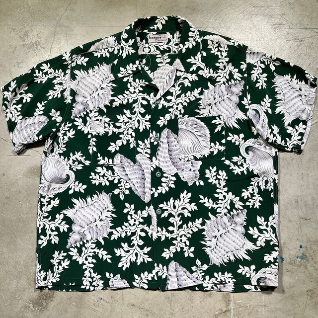 40's~ harper Sportswear ハーパー レーヨンハワイアンシャツ アロハ 巻貝柄 シーウィード柄 グリーン リペア有 Lサイズ ロングポイント 希少 ヴィンテージ BA-1922 RM2341H