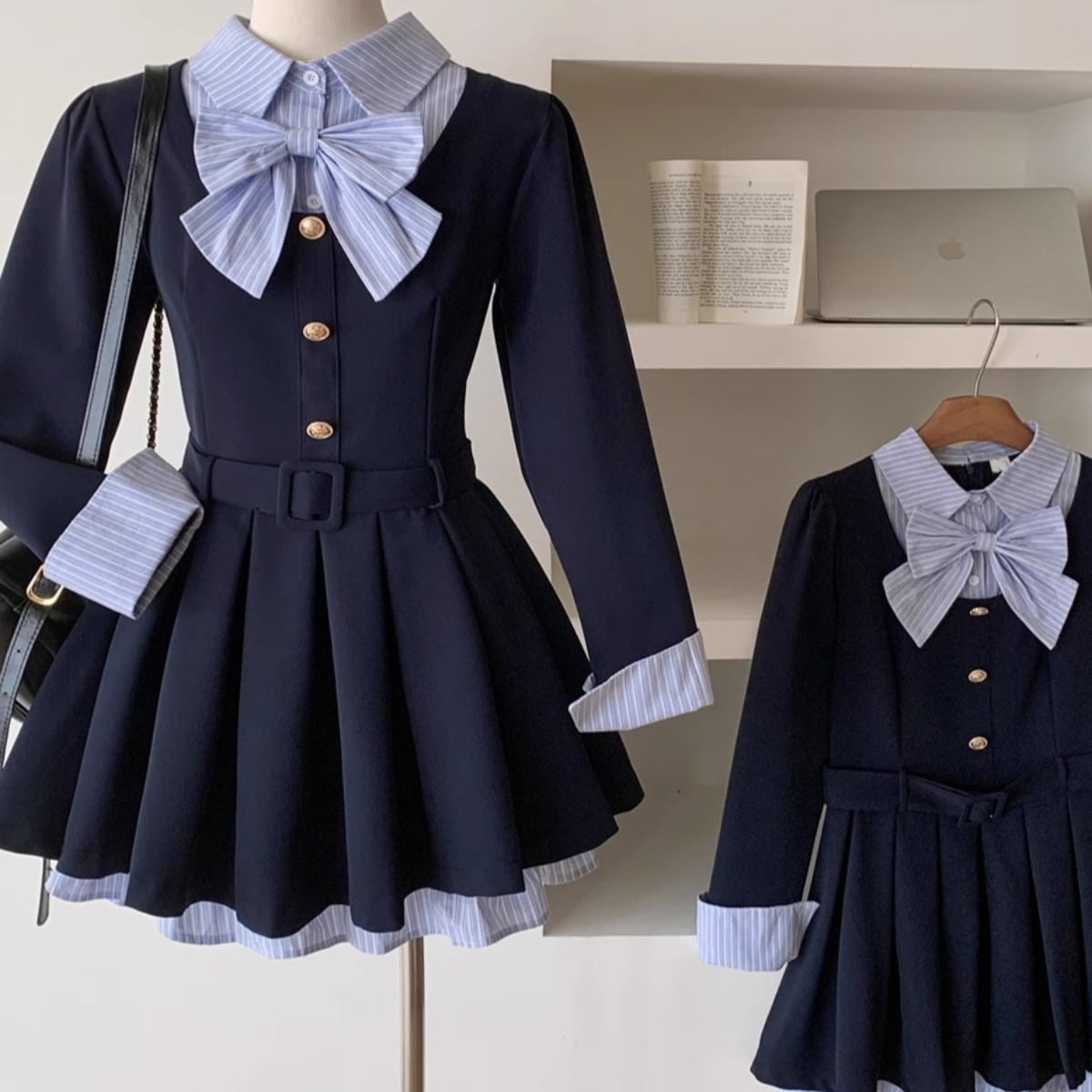 Myurina 学生服風リボンフレアミニワンピース ワンホン 韓国 長袖