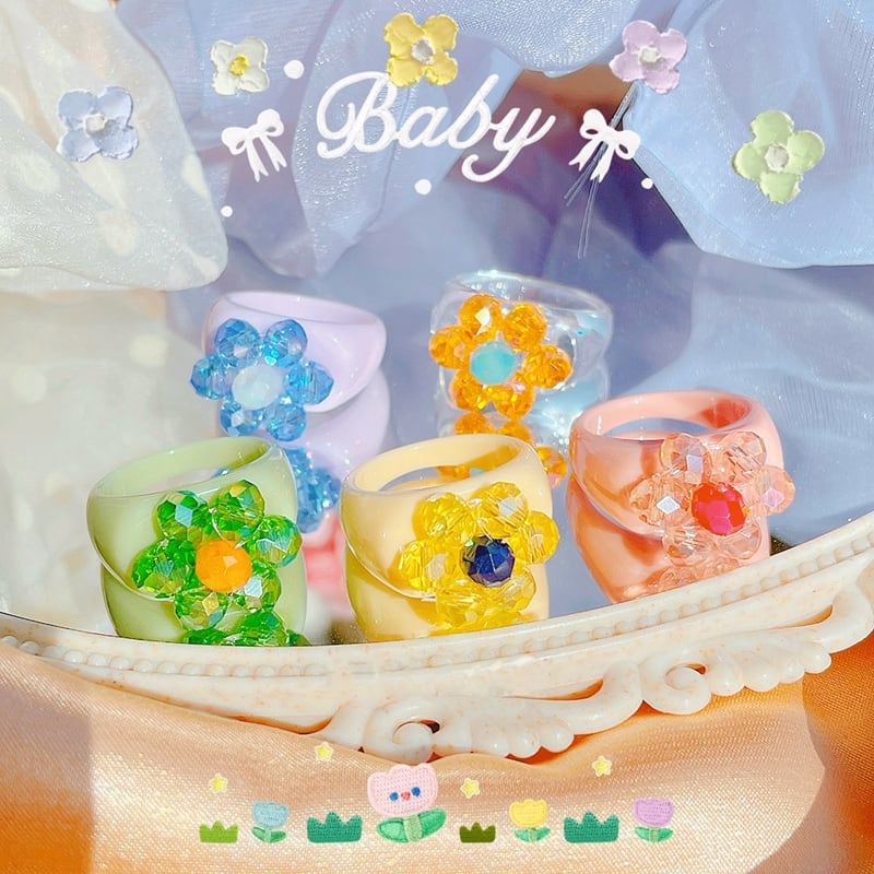 送料無料 MENGJIQIAO夏のカラフルなアクリルフラワーリング女性の指