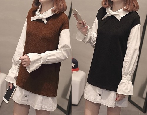 大きいサイズ 　送料無料 ニット&白シャツ レイヤード風トップス 重ね着風　冬春