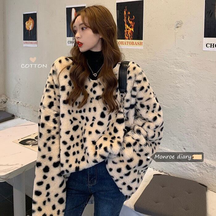 レオパードプリント柄セーター オータムウィンターベルベットジャケット ルーズトップス 秋物 冬物 モンロー62671721140