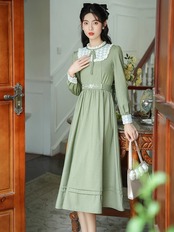 【0168】West Point Green Cotton Long Sleeve Dress