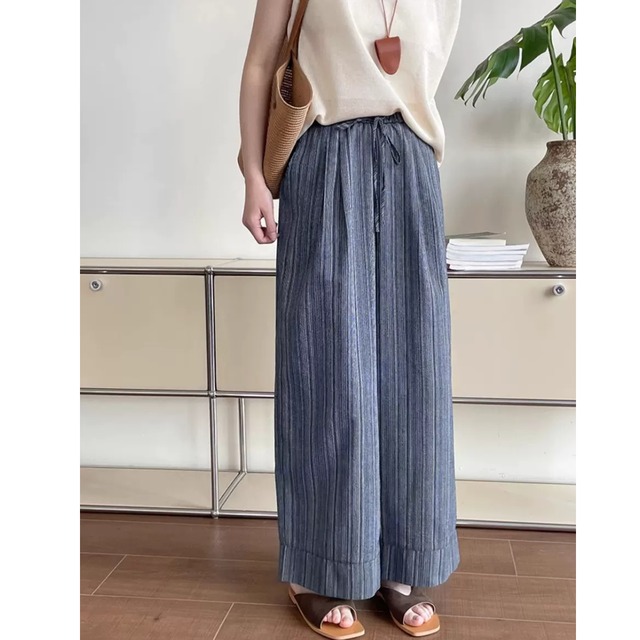 ストライプワイドリラックスパンツ　0099