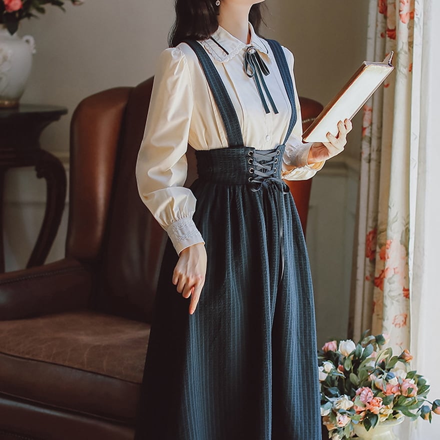 サブカル 服 地雷系 通販 ロリータ クラロリ セットアップ ブラウス スカート レトロ ストライプ柄 フリル 編上げ