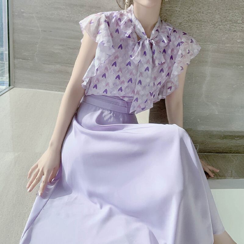 セットアップ】シャツ+スカート 可愛い 夏 リボン 紫 ハート プリント ...
