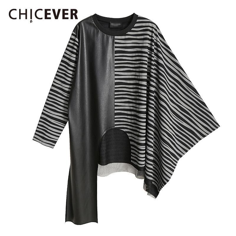 CHICEVERストライプスウェットシャツレディースOネックバットウィング長袖ヒットカラーパッチワークPuストリートウェアトップ2020タイド ロング 6base510621235626